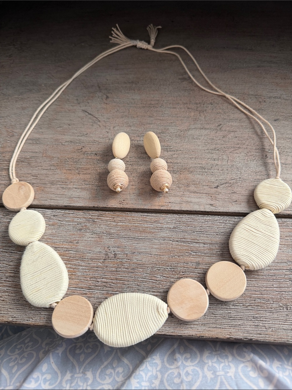 Chico's Cream and Natural Wood Statement Necklace with Matching Earrings